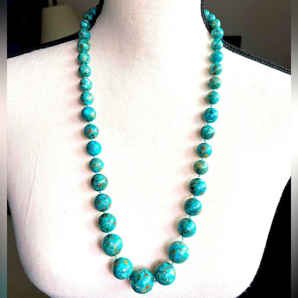 ALUMA IL Marbled Mosaic Teal Green Graduated Bead Necklace Hand Knotted EUC